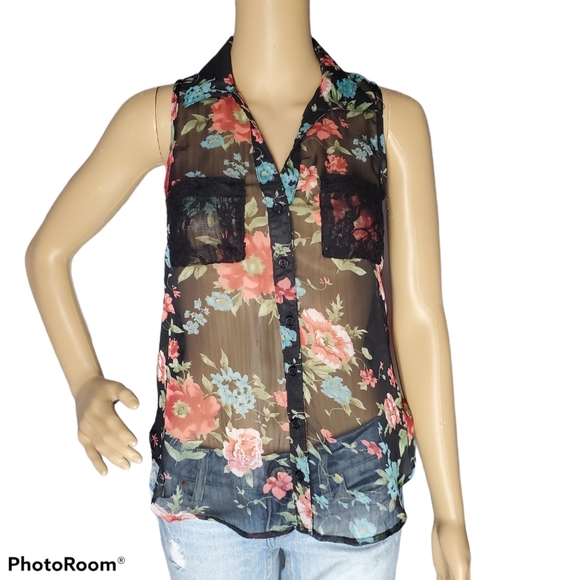RUE 21 | Black Floral Sheer Blouse w/ Lacy Back - Picture 1 of 7